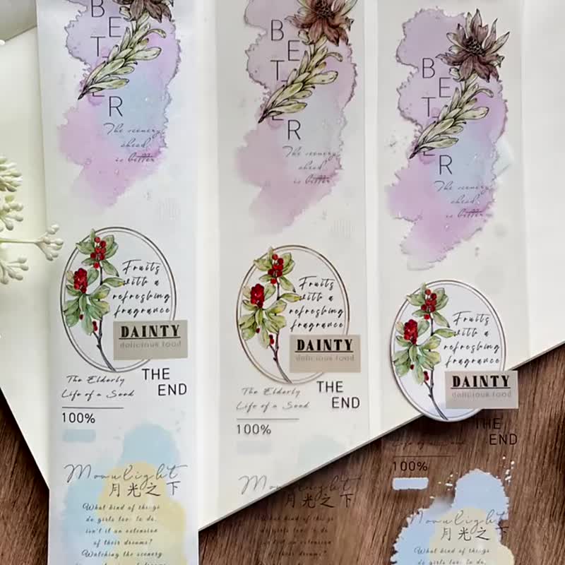 秋實若夢 - PET和紙膠帶花朵花卉插畫DIY手帳日誌裝飾素材 - 纸胶带 - 纸 多色
