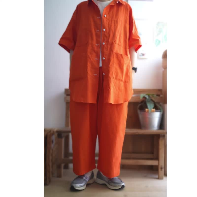 胡萝卜橘工装衬衫短袖 - 女装衬衫 - 棉．麻 橘色