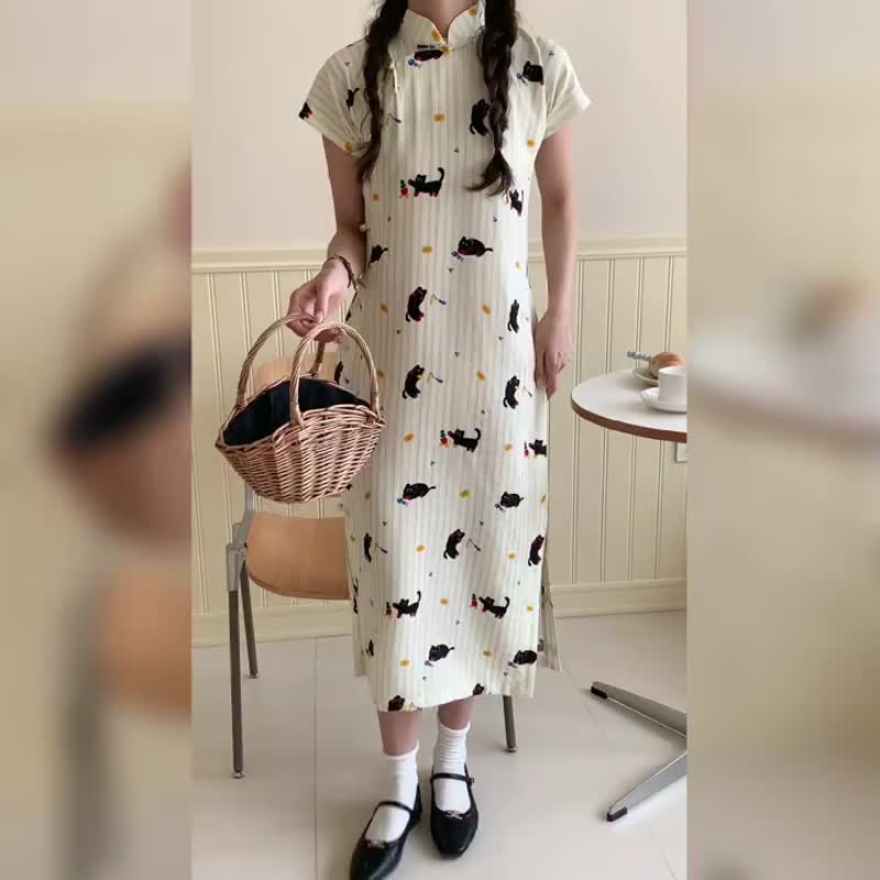 黑貓可愛少女旗袍 古法中長款全開襟旗袍 曳地小個子少女國風洋裝 - 旗袍 - 其他人造纤维 白色