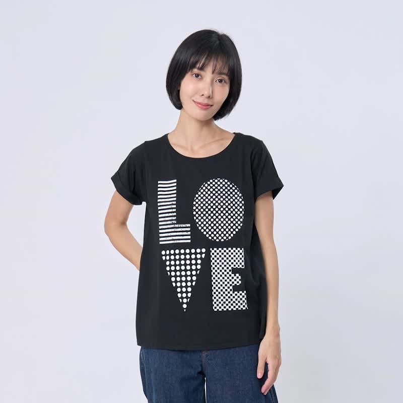 LOVE 方袖 女短T/黑 - 女装 T 恤 - 棉．麻 黑色