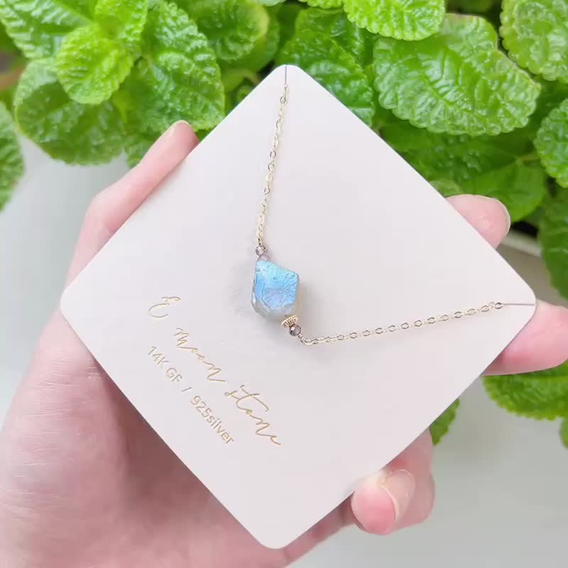原矿拉长石 强蓝彩光晕顶级透料  14K 项链 - 项链 - 水晶 灰色