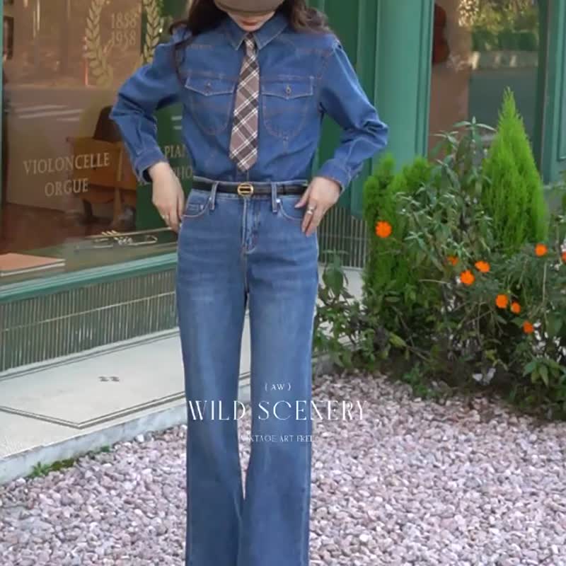 牛仔藍 90sDenim 深藍色復古丹寧萊卡有彈微喇叭褲 顯瘦牛仔褲 - 女装长裤 - 棉．麻 蓝色