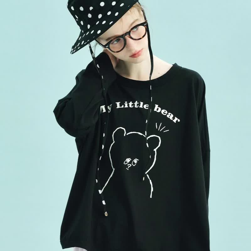小熊熊黑色纯棉长袖上衣 / T-shirt - 女装上衣 - 棉 黑色