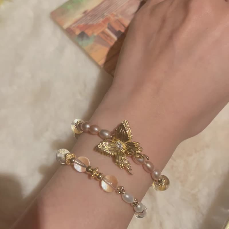 蝴蝶紫珍珠白水晶手链 - 手链/手环 - 铜/黄铜 金色