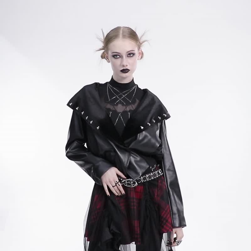 哥德巫师大帽收腰皮革短外套 - 多色 / 仅有黑 - 女装休闲/机能外套 - 其他材质 卡其色