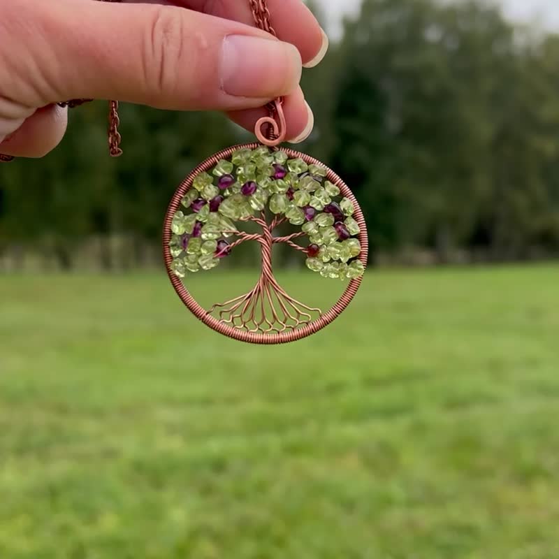Peridot Garnet Pendant Good Luck Tree Necklace Semi-Precious Stone Jewelry - 项链 - 半宝石 绿色