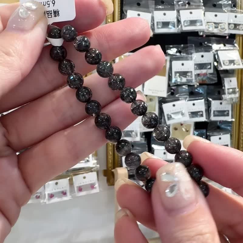 天然自用精品黑超七6.5mm黑加仑水晶透体多矿闪片高频率磁场水晶 - 手链/手环 - 水晶 黑色