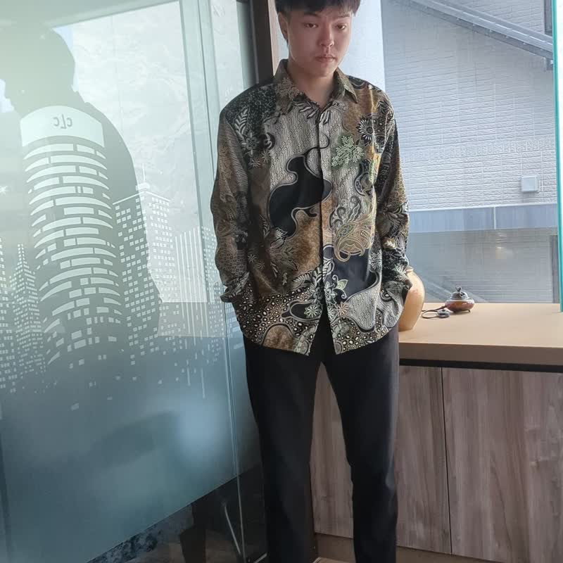 印尼蜡染缎面长袖衬衫 BRAHMA - 金枝玉叶 - BRM001 - 男装衬衫 - 其他材质 金色
