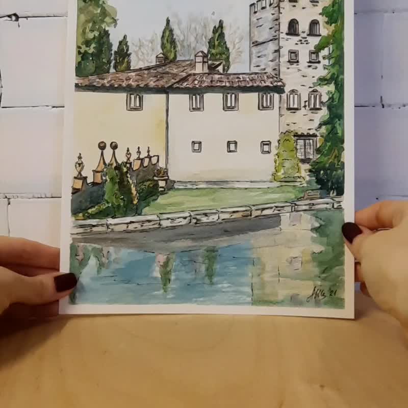 Original Watercolor painting Landscape Old castle Italy painting House painting - 海报/装饰画/版画 - 纸 多色