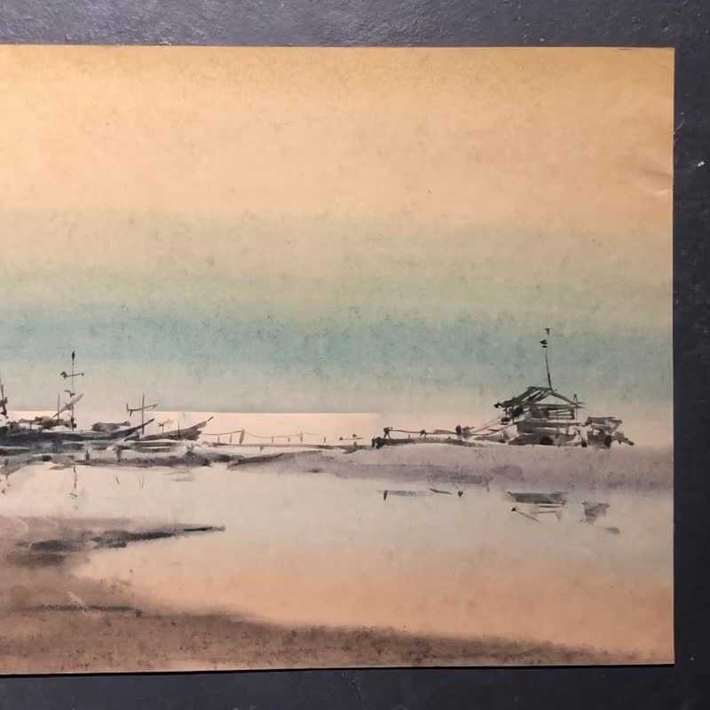 宁静的海景，码头附近的船，纸上水彩画，墙壁艺术，家居装饰 - 墙贴/壁贴 - 纸 