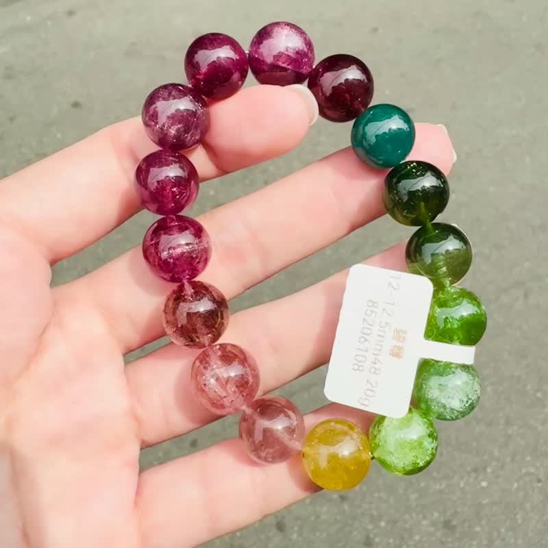 精品浓色大珠碧玺12-12.5mm48.20g经典色系带蓝碧渐层粉色碧玺 - 手链/手环 - 水晶 多色