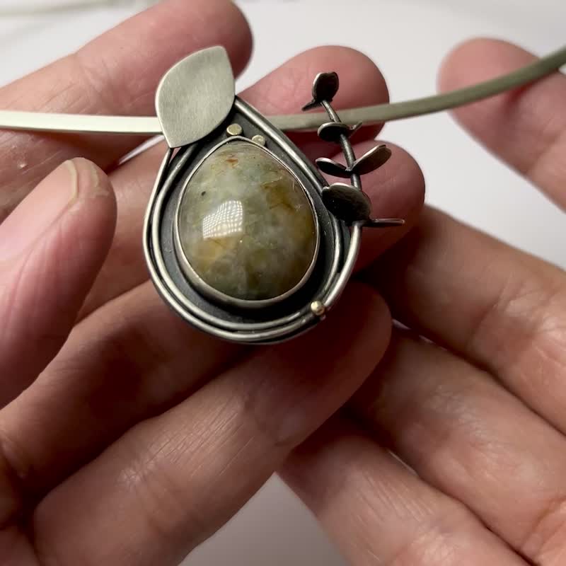 【Plant系列】#a396 尤加利叶宝石颈链/ 925银/ 手工礼物/ 定制化 - 项链 - 银 银色