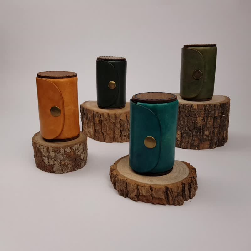 皮革 胡桃木 手作圆筒小包 零钱包 手感包-定制刻字 - 零钱包 - 真皮 橘色