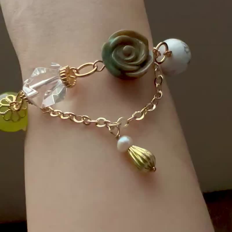 情人水晶手链||绿双色玫瑰||珍珠/茶晶/岫玉/阿拉善/松石/18K包金 - 手链/手环 - 水晶 绿色