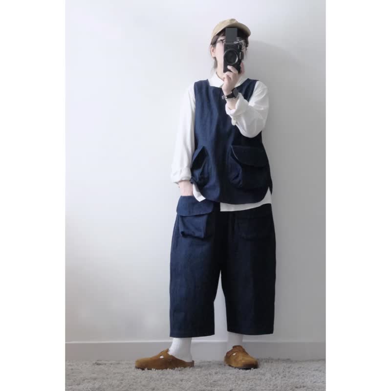 厚磅牛仔深海蓝 双层大口袋宽裤 - 女装长裤 - 棉．麻 蓝色