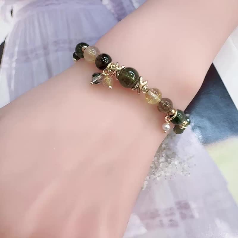 宝石沙弗莱 绿发晶 黑金骨干 金发晶 招财助事业好运能量 - 手链/手环 - 半宝石 