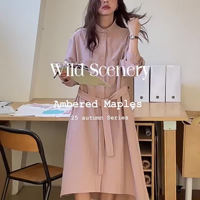 煙粉色 一點兒粉 法式簡約洋裝 立領襯衫裙 風衣式連身裙 - 洋装/连衣裙 - 其他人造纤维 粉红色