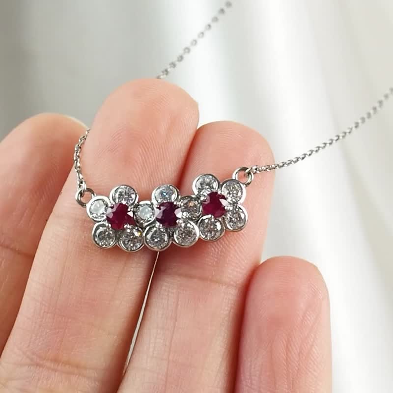 宝石系列||三花小幸运||红宝石纯银项链 - 项链 - 银 红色