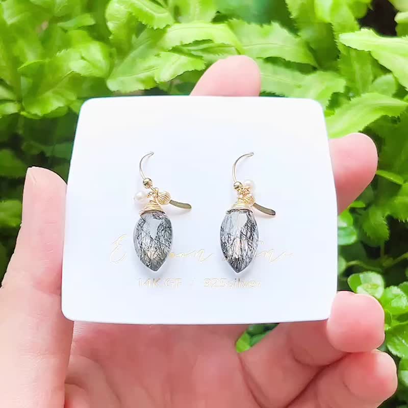 高透钻切面 蕾丝黑发晶 橄榄型耳环 防小人避邪首选 - 耳环/耳夹 - 水晶 黑色