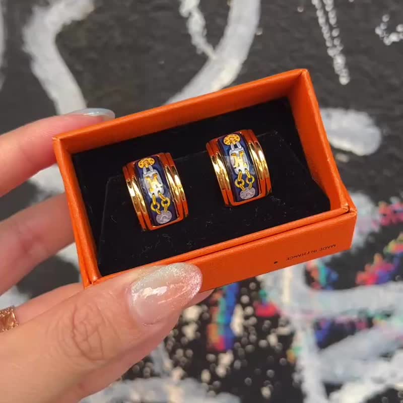 【日本中古】Vintage HERMÈS 七宝烧珐琅耳夹 原装盒附 - 耳环/耳夹 - 其他金属 蓝色