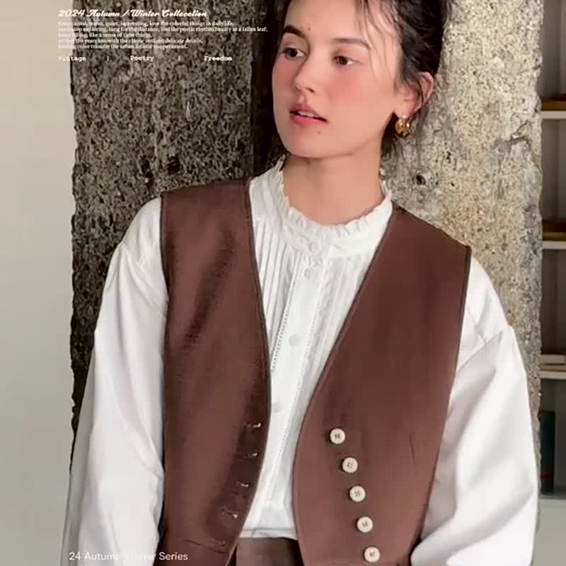 棕色 美拉德之詩法式都市復古咖色斜門襟多扣馬甲 疊搭背心 - 女装休闲/机能外套 - 聚酯纤维 咖啡色