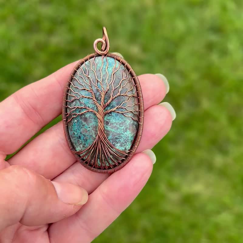 Azurite Tree Of Life Pendant Wire Wrapped Stone Jewelry Positive Energy Necklace - 项链 - 半宝石 绿色