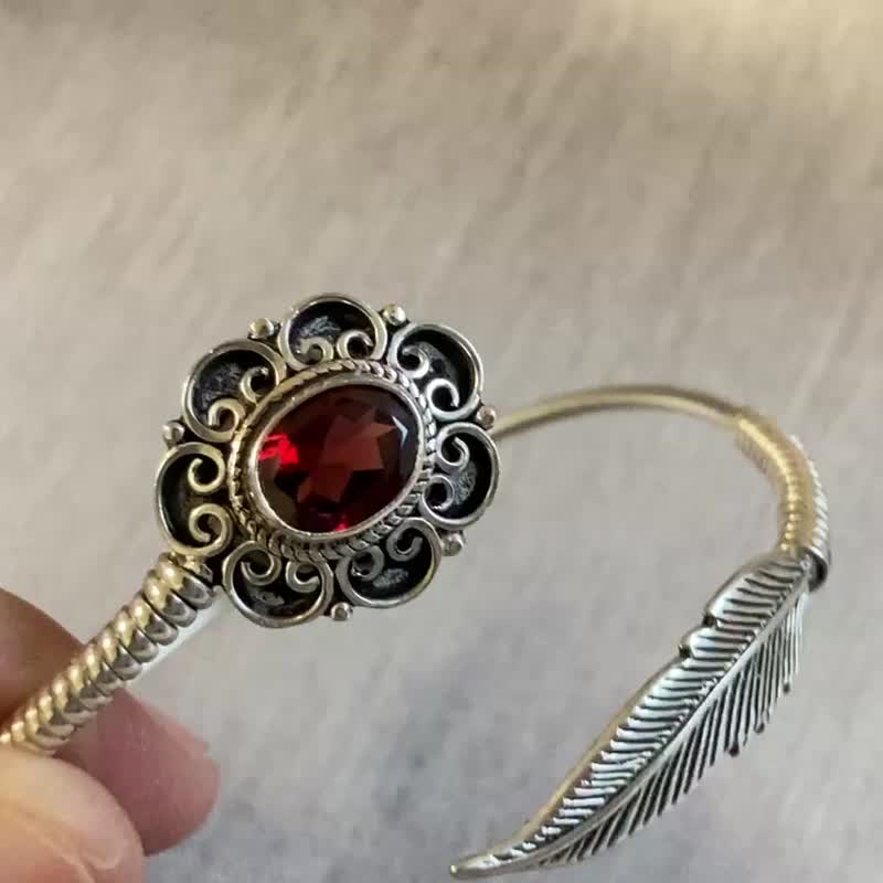 天然 石榴石 羽毛造型 手环 尼泊尔 手工制 925纯银 - 手链/手环 - 半宝石 红色
