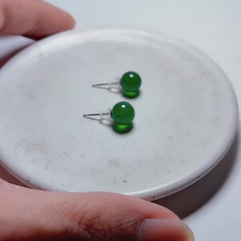 天然矿石 绿玛瑙 925纯银 耳针 - 耳环/耳夹 - 半宝石 绿色