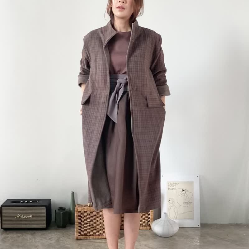 Two-side Wool Coat Reversible Wool Coat - Solid Gray/Brown Check Print - 女装西装外套/风衣 - 羊毛 咖啡色