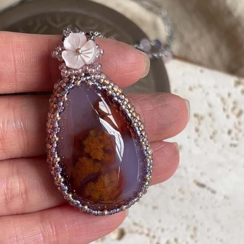 玛瑙 玻璃米珠x天然石 串珠吊坠 配宝石链 - 项链 - 水晶 紫色