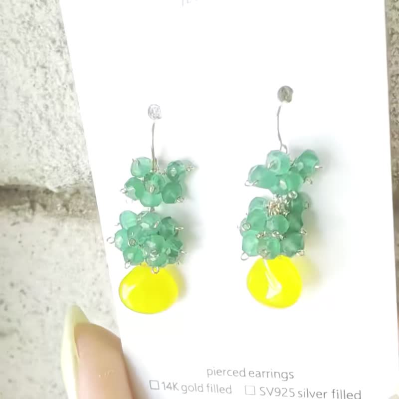 14KGF 凤梨造型 蜂蜜色翡翠 耳针式耳环 / 耳钩式耳环 - 耳环/耳夹 - 宝石 黄色