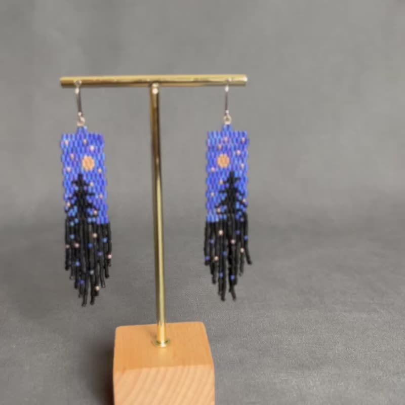 松树蓝天日本珠纯银耳环图片 - 耳环/耳夹 - 玻璃 蓝色