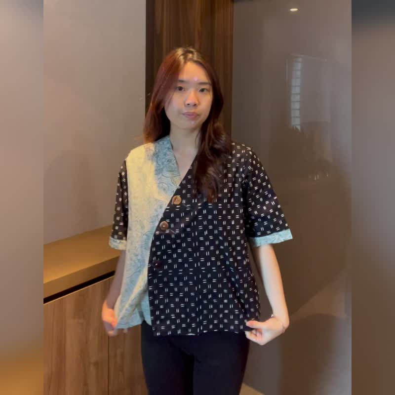 印尼蜡染斜襟拼接花布上衣 ANIKA - 黑薄荷 - ANI002 - 女装上衣 - 棉 黑色