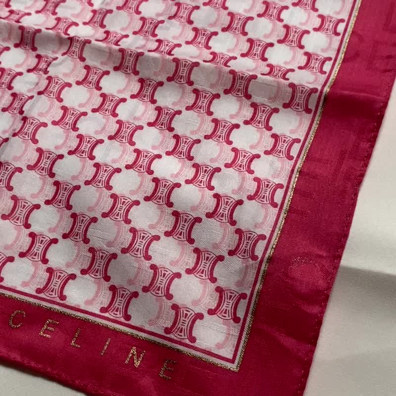 复古 CELINE 粉色凯旋门印花图腾纯棉方巾/手帕 - 手帕/方巾 - 棉．麻 粉红色