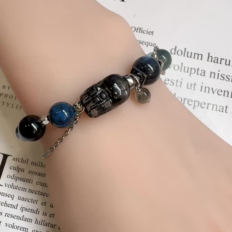 金运石貔貅设计 蓝铜矿 魔鬼海蓝宝 魔鬼蓝晶 招财好运沉稳能量 - 手链/手环 - 石头 