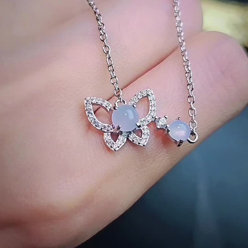 桃花•贵人•招财|梦幻冰胶仙女粉紫|缅甸A货翡翠纯银蝴蝶项链 - 项链 - 玉石 