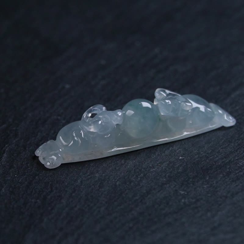 冰种飘蓝花翡翠巧雕双牛如意手牌 | 天然缅甸玉A货翡翠 | 送礼 - 手链/手环 - 玉石 透明