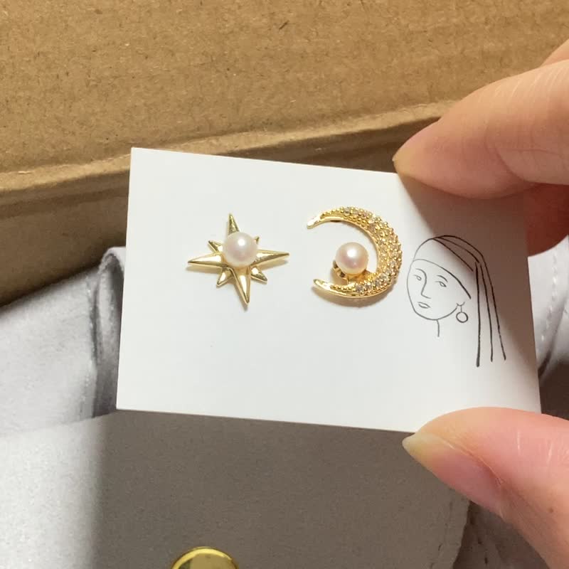 【耀月星辰】天然淡水珍珠 全 925 纯银耳钉 (银/金) - 耳环/耳夹 - 纯银 金色