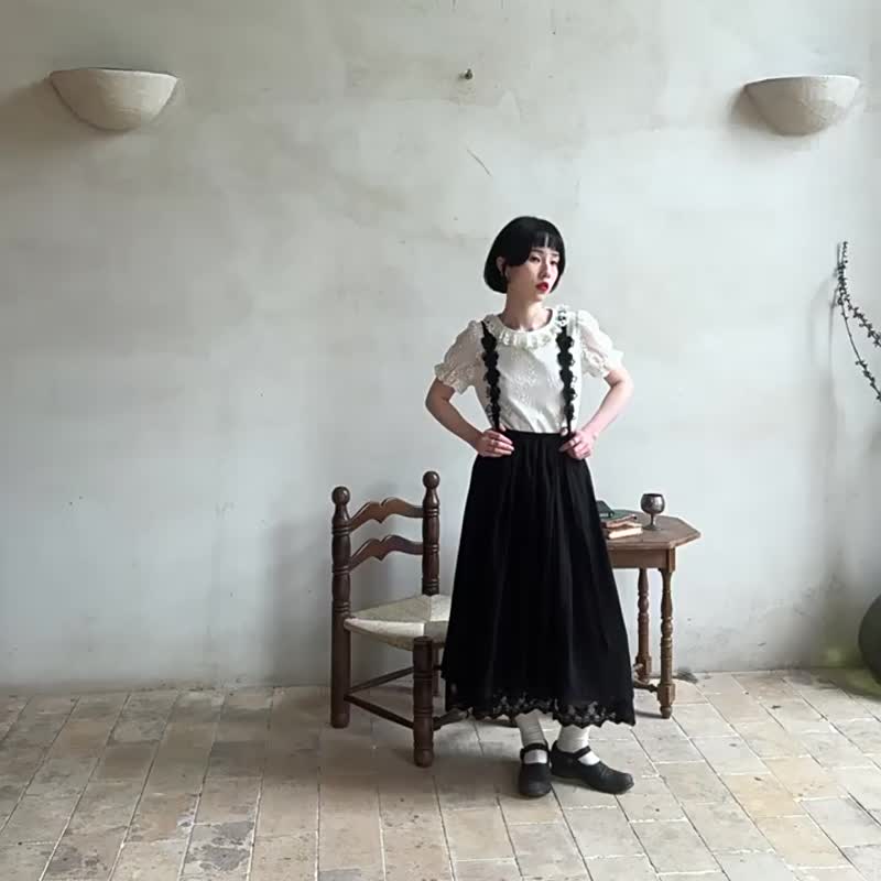 黑色 立體花花半身裙 肩帶可調節 全棉暗紋提花裙子 - 裙子 - 棉 黑色