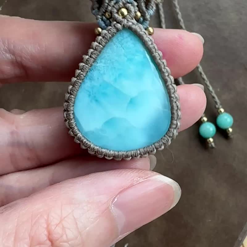 N1145 蜡线编织 拉利玛 (海纹石)  铜珠 颈链 (可调长度) - 项链 - 宝石 咖啡色