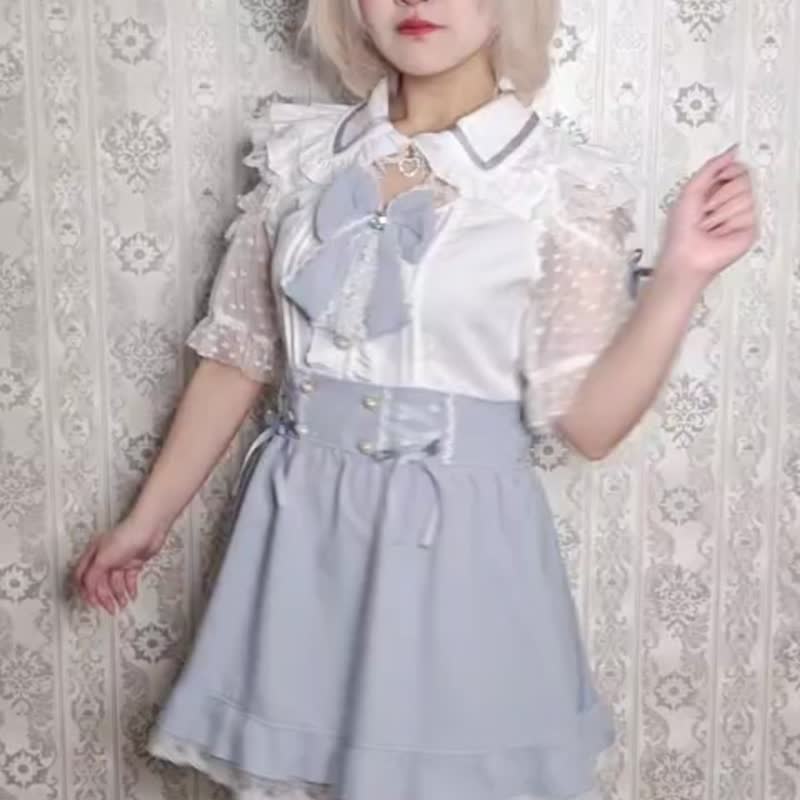 原创量产型偶像恋心地下偶像风缕空爱心蕾丝短袖领结洋装JJ2523 - 洋装/连衣裙 - 棉．麻 