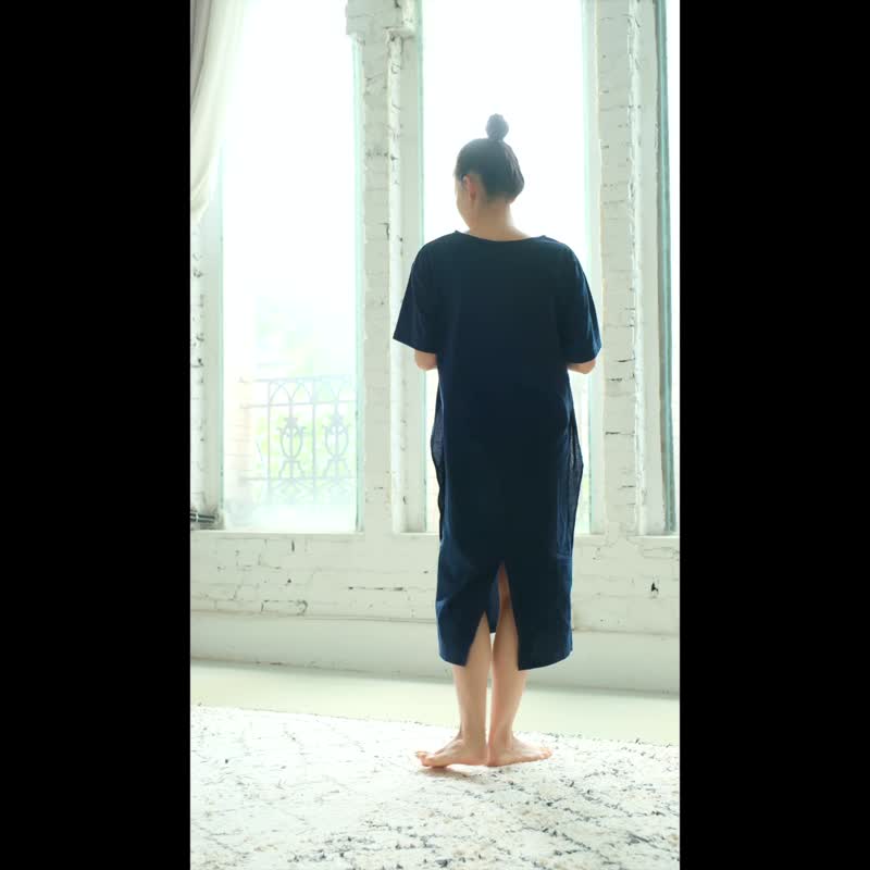 OMAKE 双层轮廓短袖洋装 / 菱纹布 浅蓝 - 洋装/连衣裙 - 棉 蓝色
