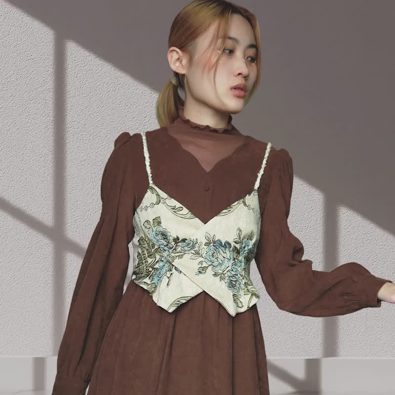 复古女孩紧身束胸衣 | 英伦乡村风外搭背心上衣 春秋穿搭 - 洋装/连衣裙 - 棉．麻 咖啡色