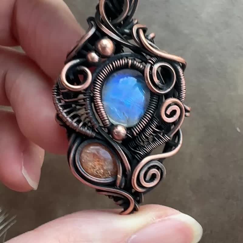 WW421 全手工编织 绕铜线复古做旧 wire wrap 月亮石 太阳石 吊咀 - 项链 - 铜/黄铜 咖啡色