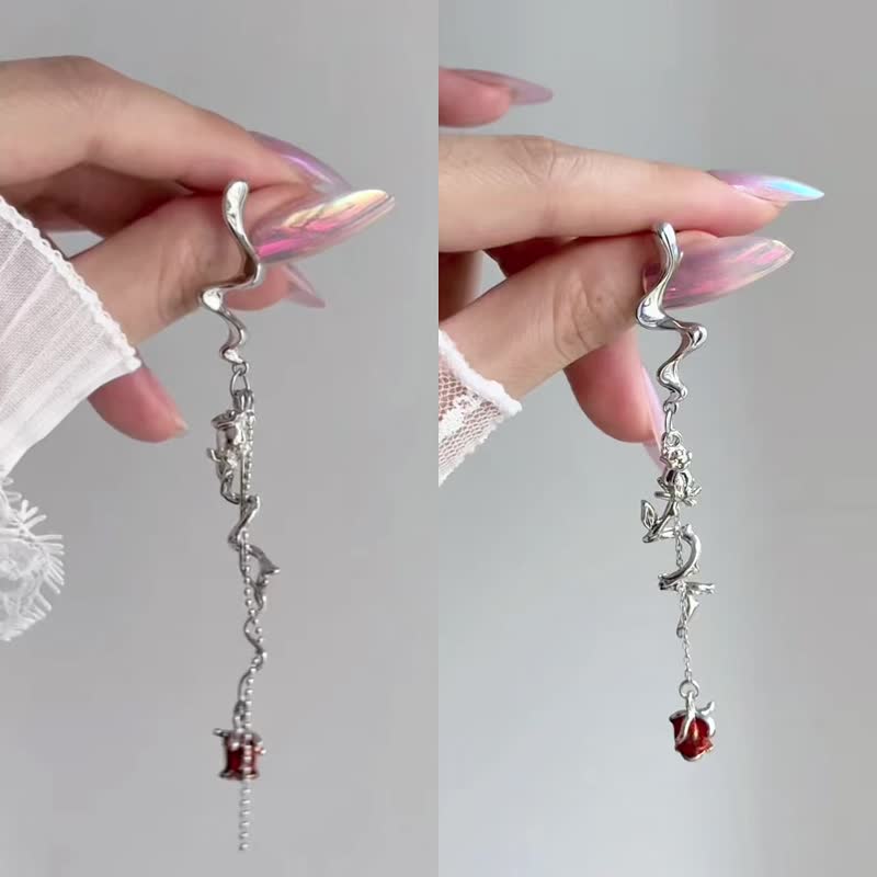 Rose tassel stud earrings  asymmetrical niche retro earrings - 耳环/耳夹 - 铜/黄铜 银色