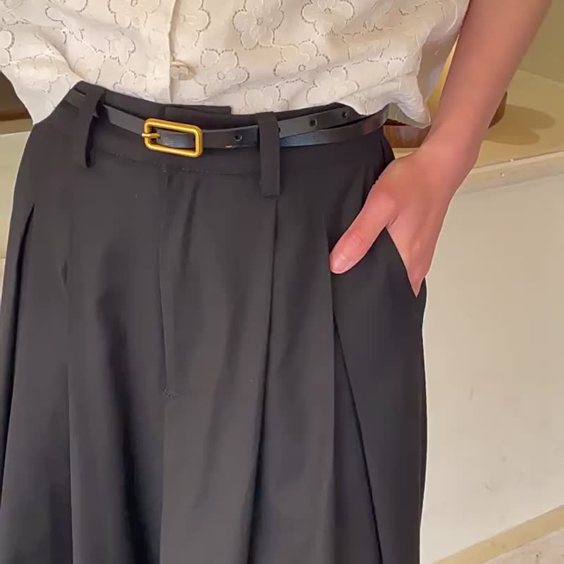 黑色 西裝料闊腿寬褲 親膚垂順長腰部打褶寬松休閑長褲 後腰鬆緊 - 女装长裤 - 其他人造纤维 黑色