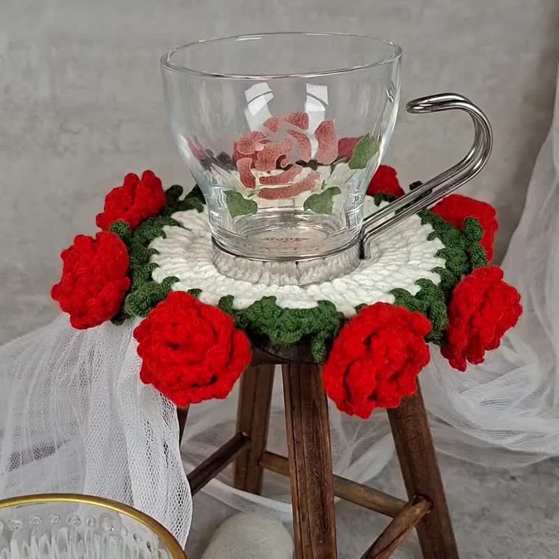 玫瑰盆花杯垫 钩织杯垫 情人节礼物 母亲节 生日礼物 - 杯垫 - 棉．麻 红色
