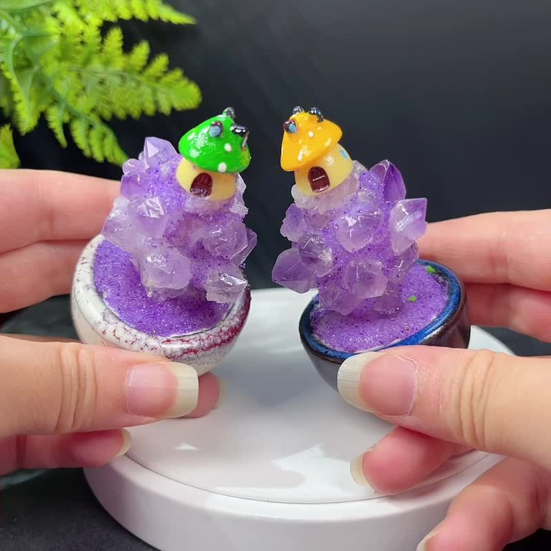 天然紫水晶原石晶簇陶瓷景观盆栽 小蘑菇房子 黄色 绿色 红色 - 摆饰 - 水晶 紫色