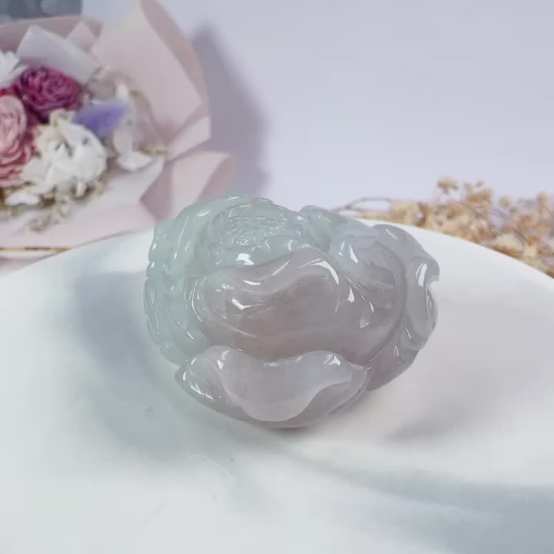 冰种翡翠牡丹花 | 天然A货翡翠 | 送礼 - 吊饰 - 玉石 透明