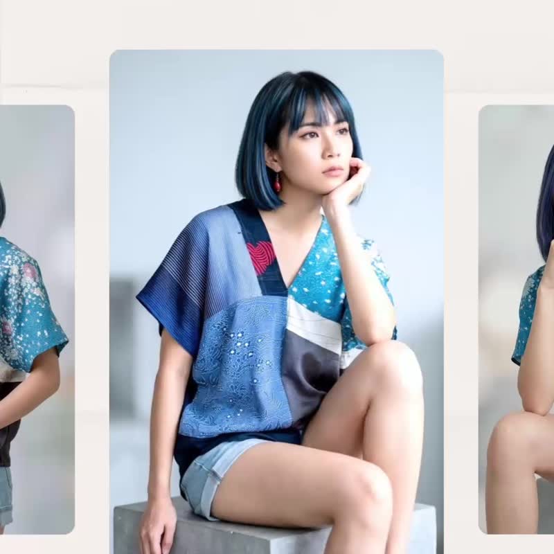 蓝色和风宽松柔软人造丝质不对称拼接遮臀造型四角衣 - 女装衬衫 - 棉 蓝色
